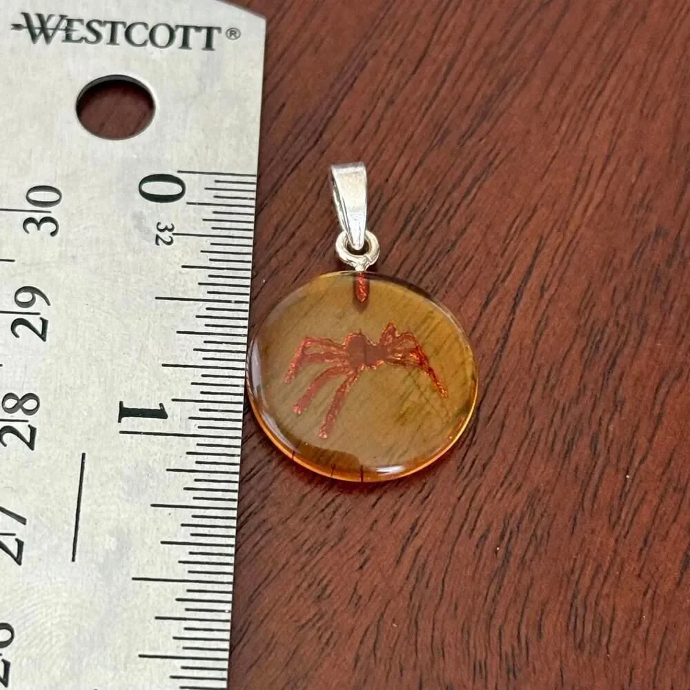 Natural Baltic Amber Spider Etched Pendant Necklace Sterling